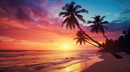 Gorgeous, vivid sunset at a tropical sea beach, outlined by coconut tree silhouettes, Ai Generated.