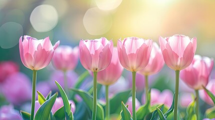 Gorgeous springtime vivid natural setting with delicate pink tulip blossoms, Ai Generated