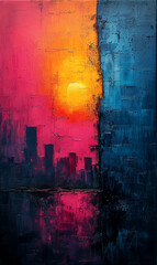 Grunge urban background with sunset and skyscrapers in the city.
