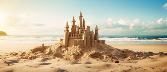 A sandcastle sculpture stands proudly on the beach during a summer vacation, Ai Generated.