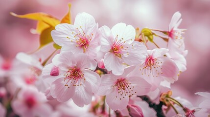 Cherry flowers bloom in small clusters on a Sakura tree branch, Ai Generated.