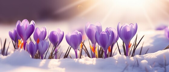 Spring's embrace warms crocuses, blooming through snow's retreat, Ai Generated.