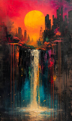 Abstract color painting on canvas. Landscape with river and sunset.