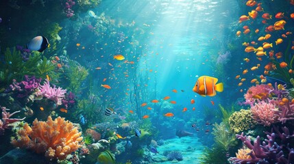 Fototapeta na wymiar An underwater scene with a coral reef and exotic fishes showcases marine splendor, Ai Generated.