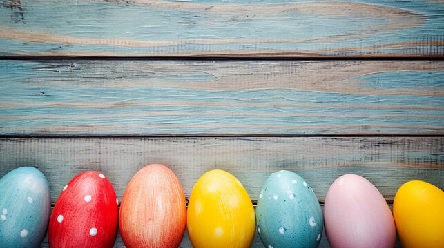Colorful Easter Painted eggs on wooden background