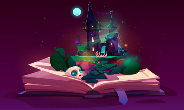 Open fairytale book with magic spooky witch house, skull and green glowing smoke under full moon. Cartoon vector illustration of imaginary world on pages of storybook. Reading of dream scary legend.