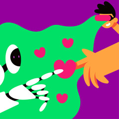 Finding love in the Metaverse. A man is looking for a romantic relationship with a robot. Celebrating Valentine's Day in virtual reality. Flat Vector illustration.