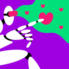 Finding love in the Metaverse. Robot is looking for a romantic relationship. Celebrating Valentine's Day in virtual reality. Flat Vector illustration.