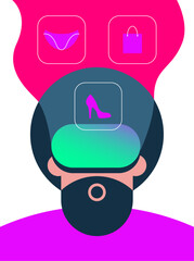 Shopping in virtual reality. Man wearing VR glasses makes purchases online. Flat vector illustration.