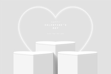 Abstract 3D white cylinder podium pedestal realistic or product display stand with glowing neon light heart shape background. Minimal wall scene for product mockup. Valentine's day promotion design.