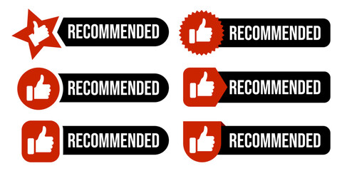Recommend badges creative vector templates set. Recommendations colorful tags design with thumbs up isolated on white background. Best products, approved quality, warranty paper ribbons collection