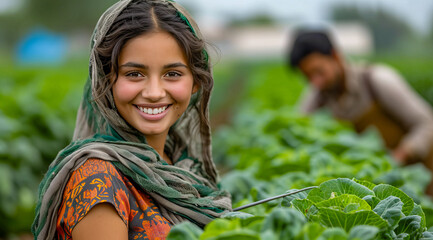 A young Asian peasant woman posing  in a cabbage plantation field,AI generated. - obrazy, fototapety, plakaty
