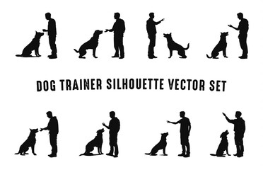 Dog Trainer Silhouettes Vector art Set, Man Training a Dog Black Silhouette Clipart Bundle