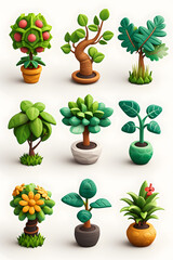 3D illustration set tree pots on white background