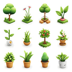 3D illustration of a set of plants in pots on a white background