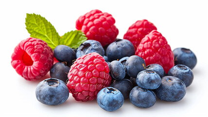 Sweet berries mix isolated on white background. Ripe raspberry and blueberries. Made with generative ai