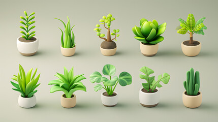 3D plant pot collection tranquil background. Suitable for decor