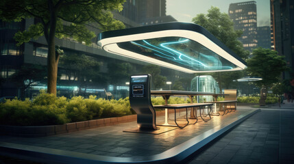 A smart city with smart sensor-equipped benches,  providing Wi-Fi connectivity and charging capabilities for the public