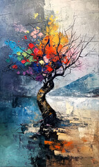 Tree with colorful leaves painting on the wall. Modern art painting.
