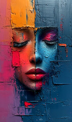 Abstract portrait of a beautiful young woman with creative make-up. Contemporary art collage.