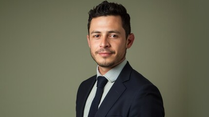 Savvy Young Businessman Professional in Navy Blazer with Olive Background