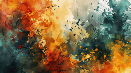 Fototapeta premium Abstract watercolor background combining soft brown, dark green and orange colors
