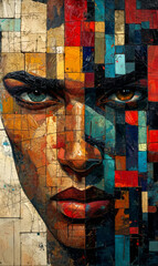 Face of a young woman painted on a wall with multicolored mosaic.