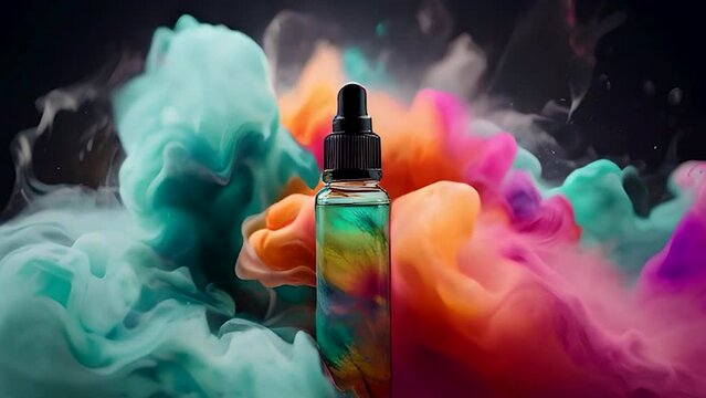 A bottle of liquid. Vaping. Flavored e-liquid. Selective focus. Nature.