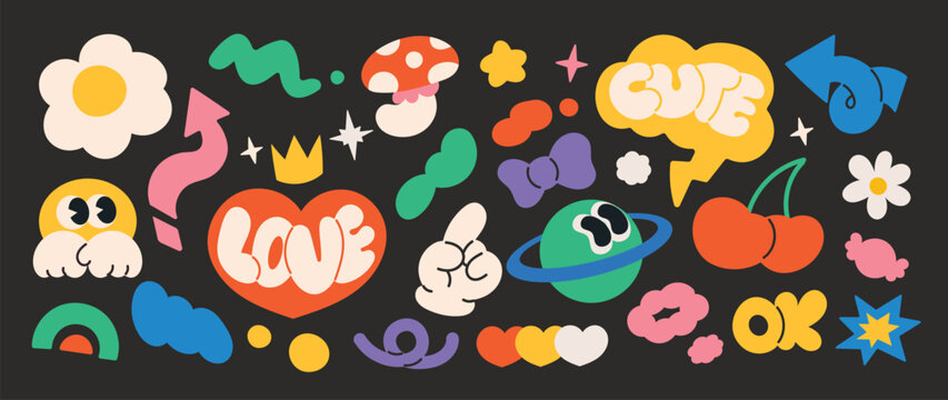 Set of funky groovy element vector. Collection of cartoon characters, cute doodle drawn.sparkle.  Retro hippie design for decorative, sticker, toys and kids.
