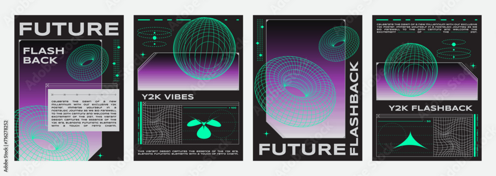 Poster poster design layout in y2k trendy retro style with neon color grid abstract geometric shape on simp