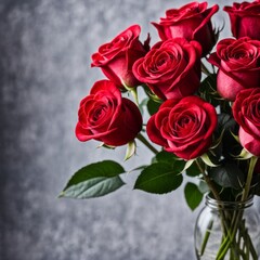 Obraz premium Vibrant Red Roses Bunch Against Blurred Grey Background