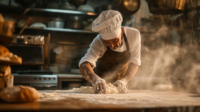 Chef Kneading Dough in Kitchen, Creating Delicious Handmade Bread