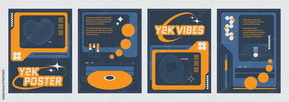 Poster poster design template in y2k aesthetic style with grid retro shape and object on dark grey backgrou