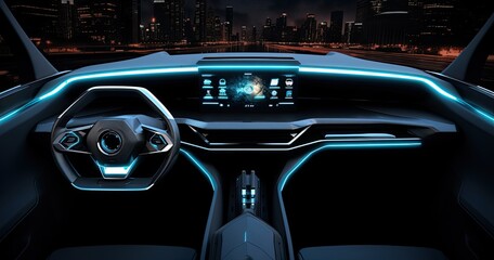 In the future of automotive design, a car dashboard featuring cutting-edge holographic controls and futuristic digital displays. - obrazy, fototapety, plakaty