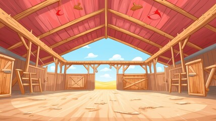 cartoon illustration A barn for farm animals, view inside. - obrazy, fototapety, plakaty