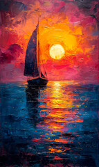 Sailing boat on the sea at sunset, oil painting on canvas.