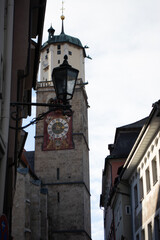 Fototapeta na wymiar Stone clock tower in Memmingen, Bavaria, Germany