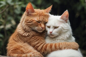 Red and white cats hugs with love in summer day