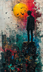 Obraz premium Abstract color painting on canvas. man standing on a pile of old books.