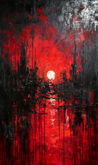 Abstract painting of dark forest with reflection in water. Digital painting.