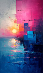 Abstract oil painting on canvas with sun and sea, creative background.