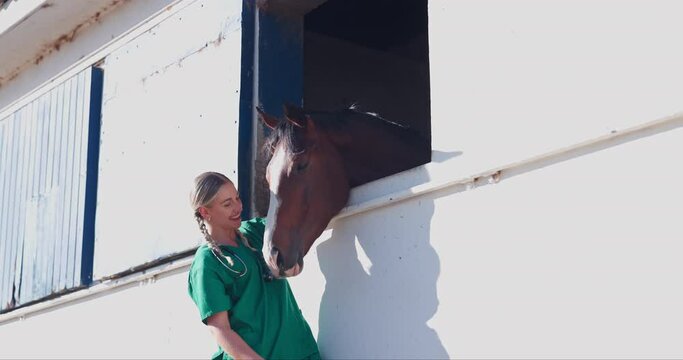 Nurse, woman and horse with care at farm with touch, smile and happy for helping with love. Doctor, veterinary person and equine animal with stroke, kindness or wellness at countryside ranch in Texas