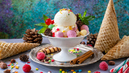 Obraz na płótnie Canvas Sundae Sensation: A Plateful of Mouthwatering Ice Cream Delights