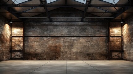 Empty old warehouse interior with brick walls, concrete floor, and a black steel roof structure - obrazy, fototapety, plakaty