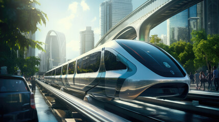A high-speed public transportation system,  like a hyperloop or magnetic levitation train,  revolutionizing urban mobility in a smart city