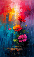 Oil painting of colorful flowers. Modern Impressionism, contemporary art. - obrazy, fototapety, plakaty