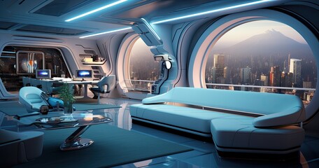 The interior of a living space transported to the future, characterized by sleek and futuristic hi-tech design elements.