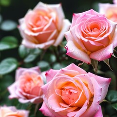 The garden is filled with pink roses blooming outside