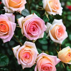 The garden is filled with pink roses blooming outside