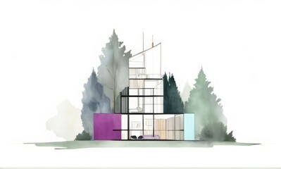 Modern house plan, architectural floor plan with sections and elevations. Minimalist linear sketch or Wireframe drawing.